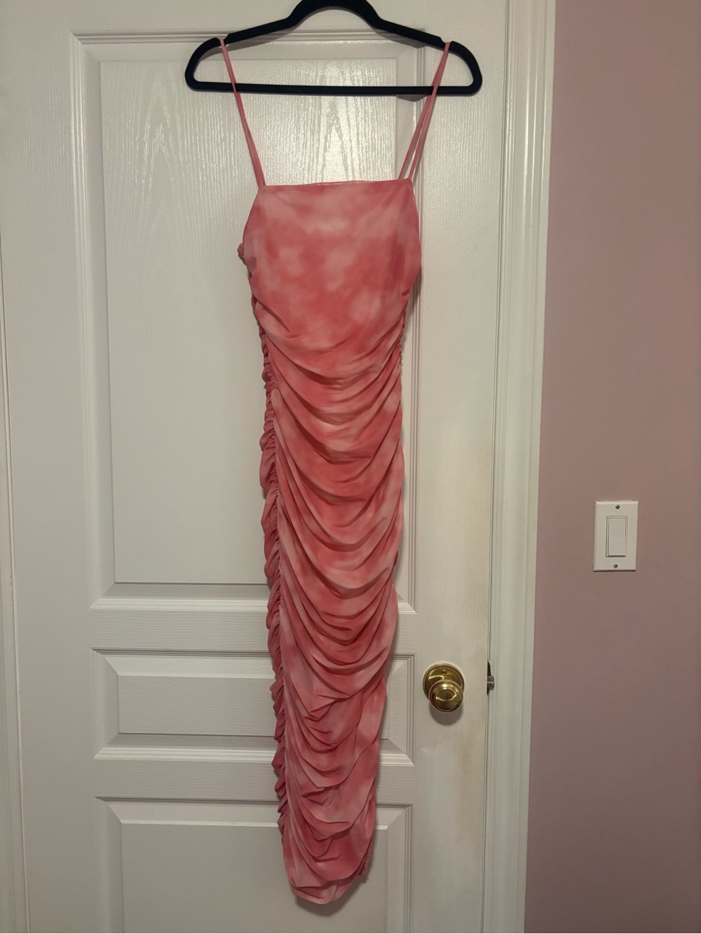 privy Pink Tie-Dye Ruched Midi Dress with Side Slit